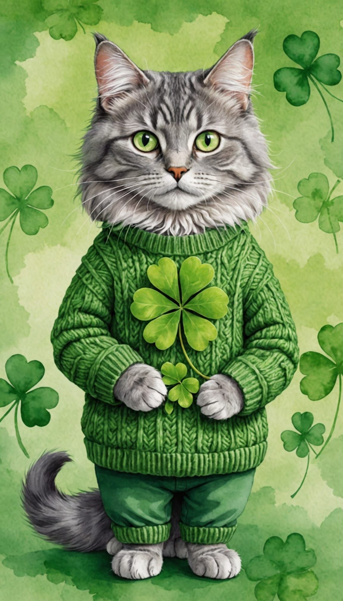 Fanciful Gray Cat in Whimsical Watercolor Style