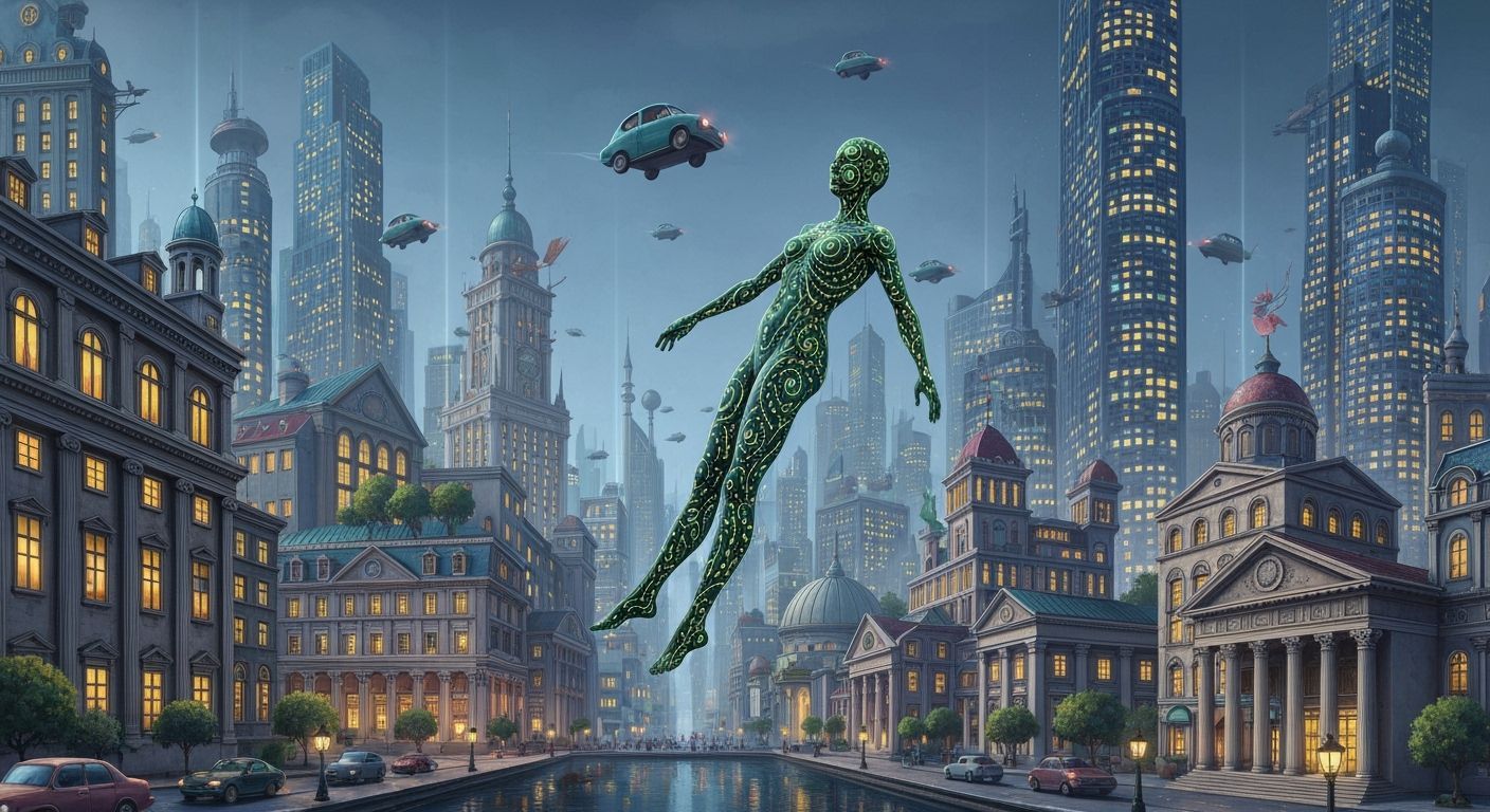 Bioluminescent Figure in a Surreal Cityscape