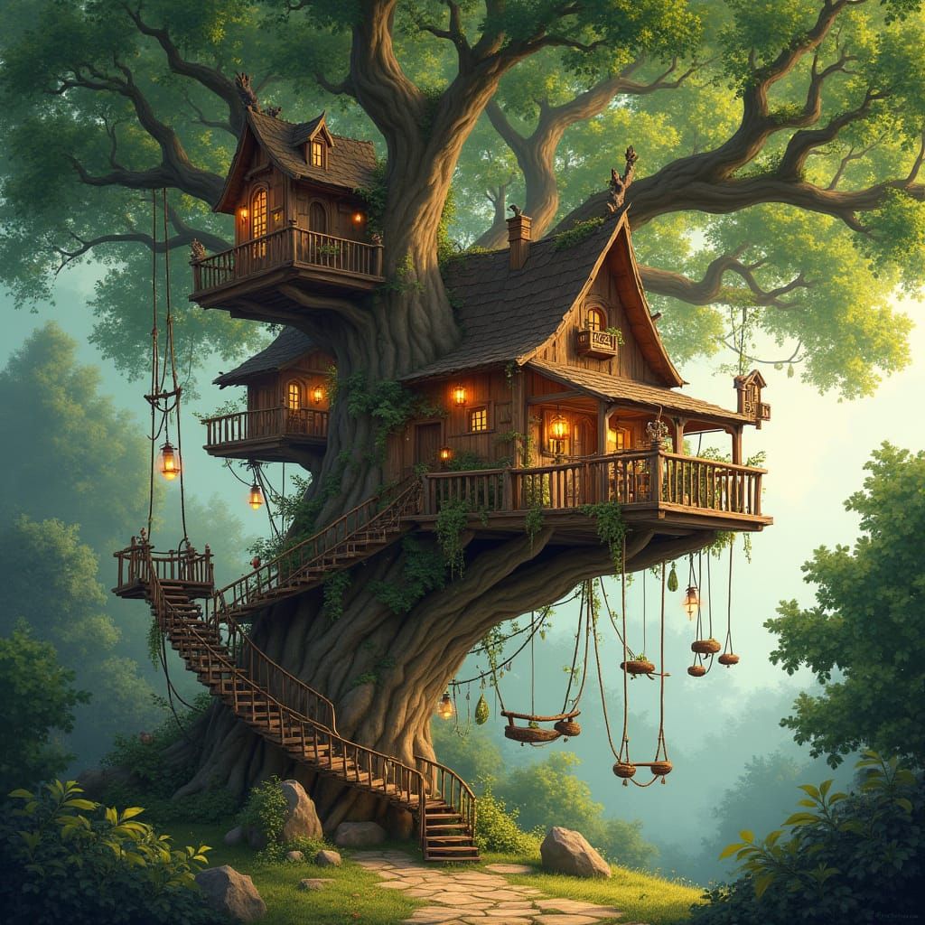 Whimsical Treehouse Village in Vibrant Colors
