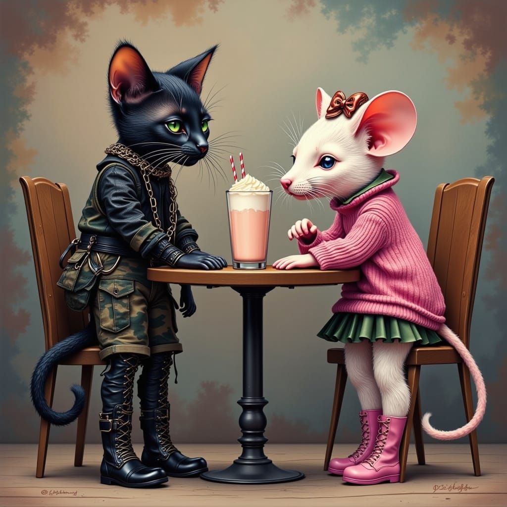 Goth Cat and Preppy Mouse Sharing a Milkshake