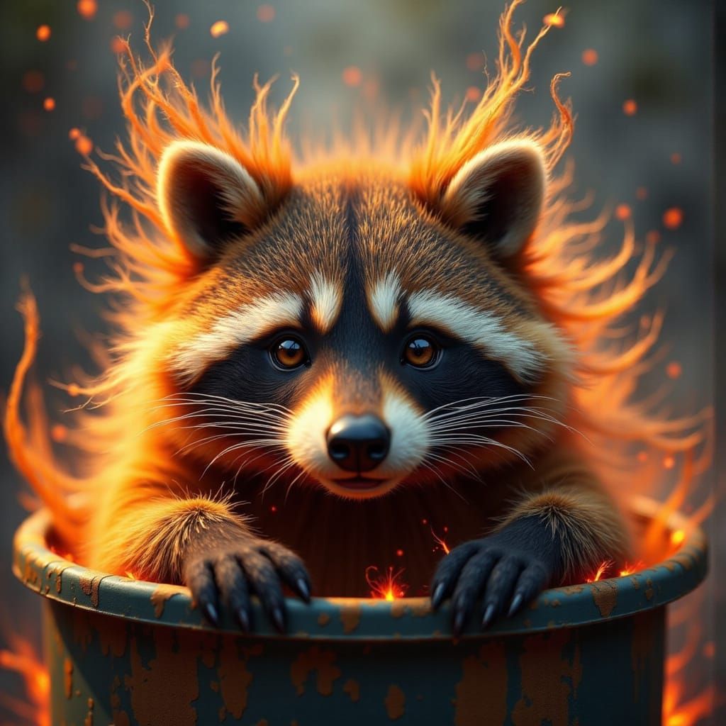 Hyper-Realistic Windswept Raccoon in Trash Can