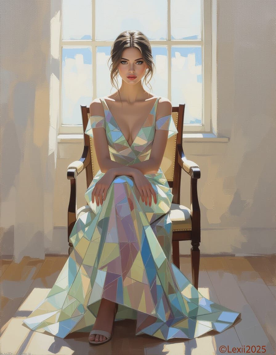 Impressionist Portrait of Elegant Model in Glass Gown