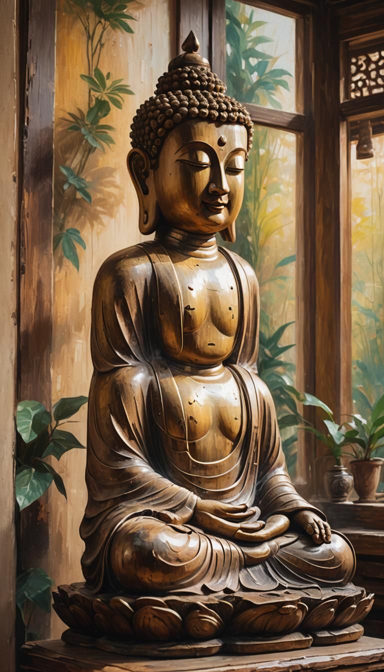 Buddha Statue in Temple: Impressionist Oil Painting