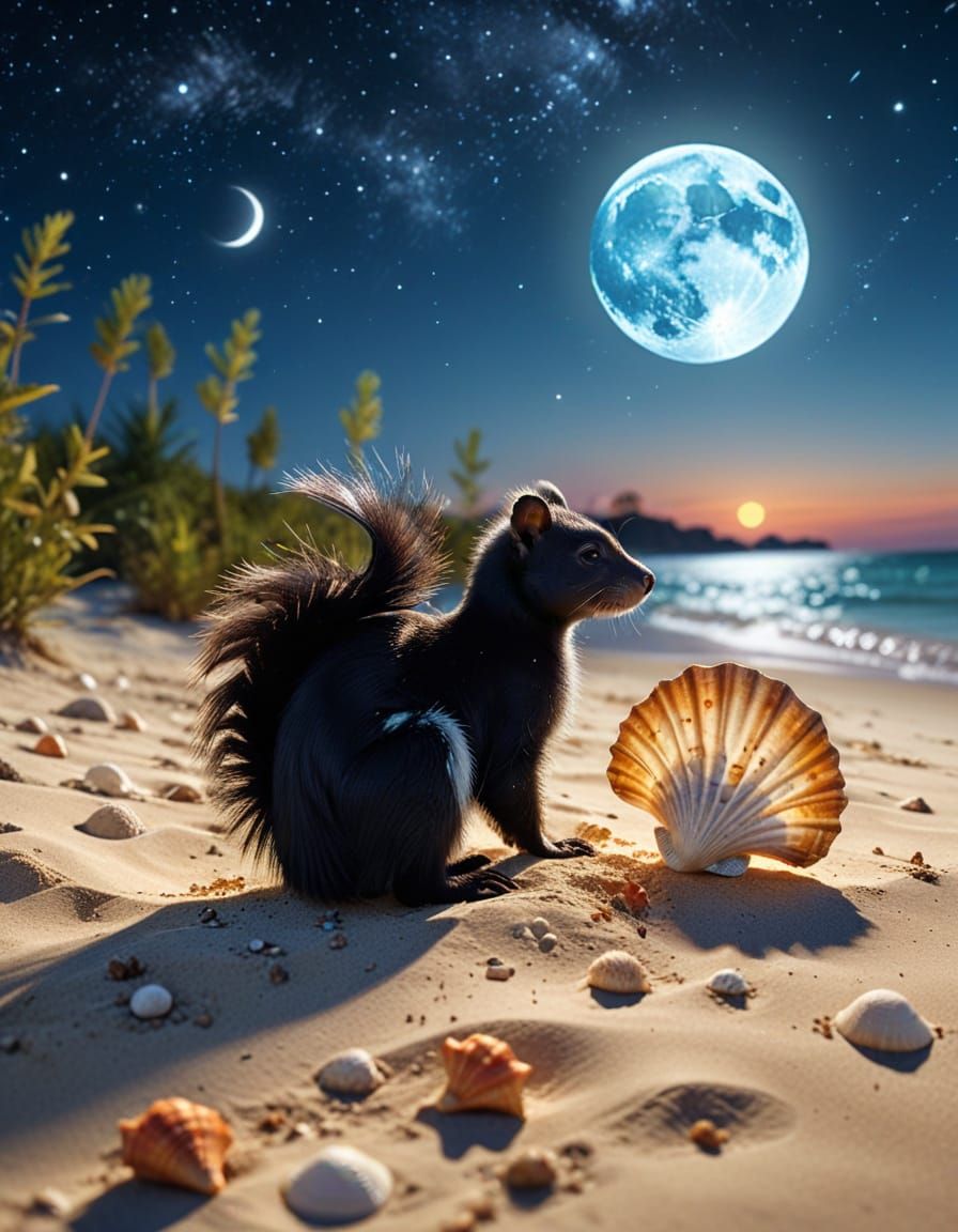 Moonlit Skunk and Duck in Steampunk Style