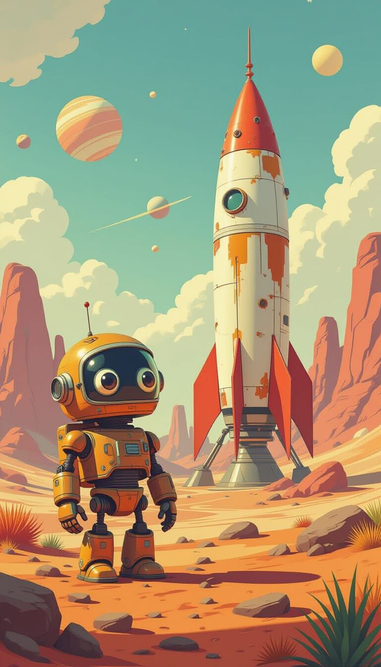 Whimsical Robot Explorer on Alien Planet