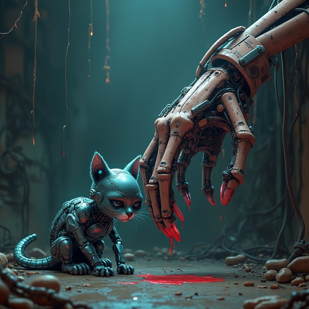 Cyborg Cat Bowing to Skeletal Hand in Sci-Fi Horror