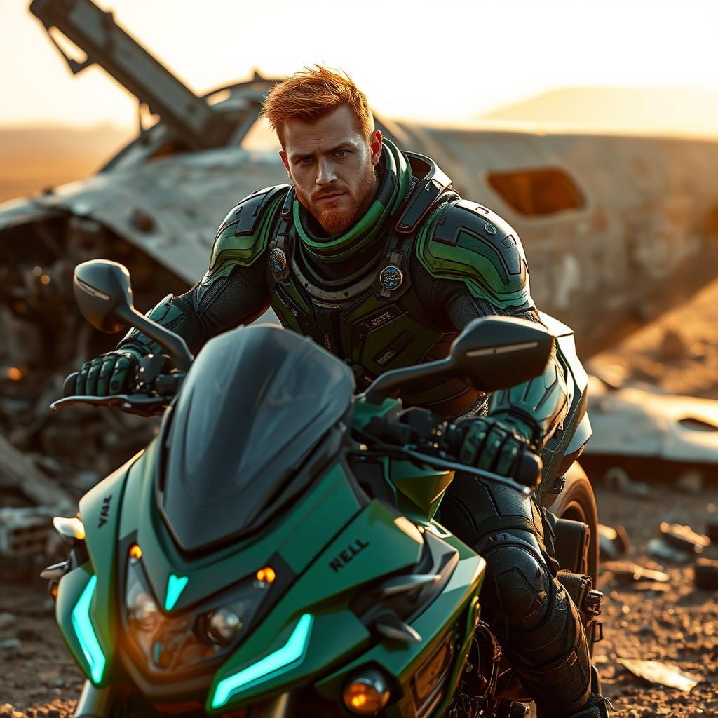 Heroic Futuristic Warrior in High-Tech Body Armor on Motorcy...