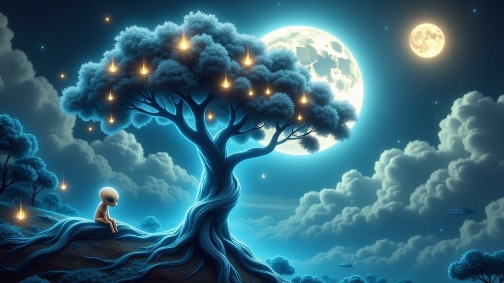 Alien in Glowing Tree: Mystical Surrealist Dreamscape
