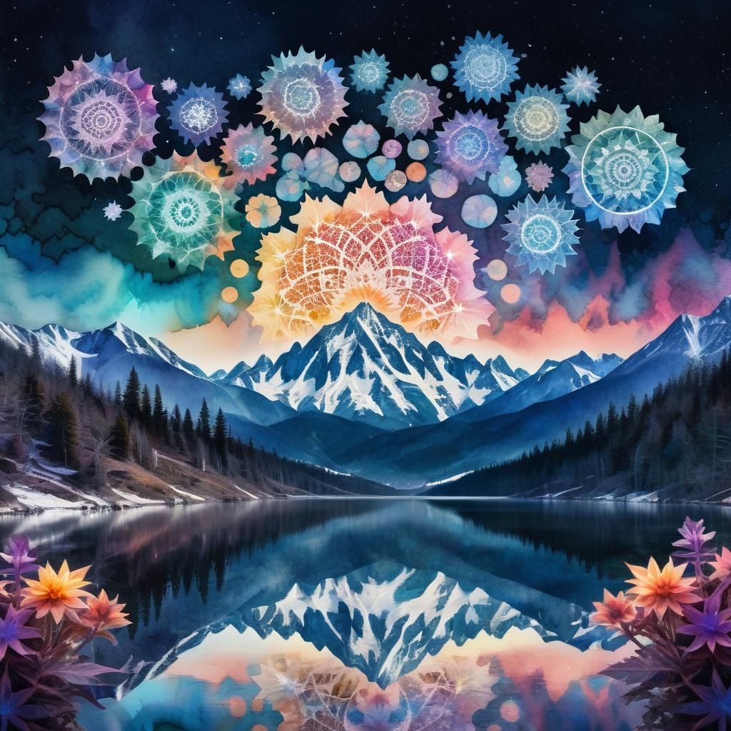 Fantasy Starscape Over Snowy Mountains in Watercolor