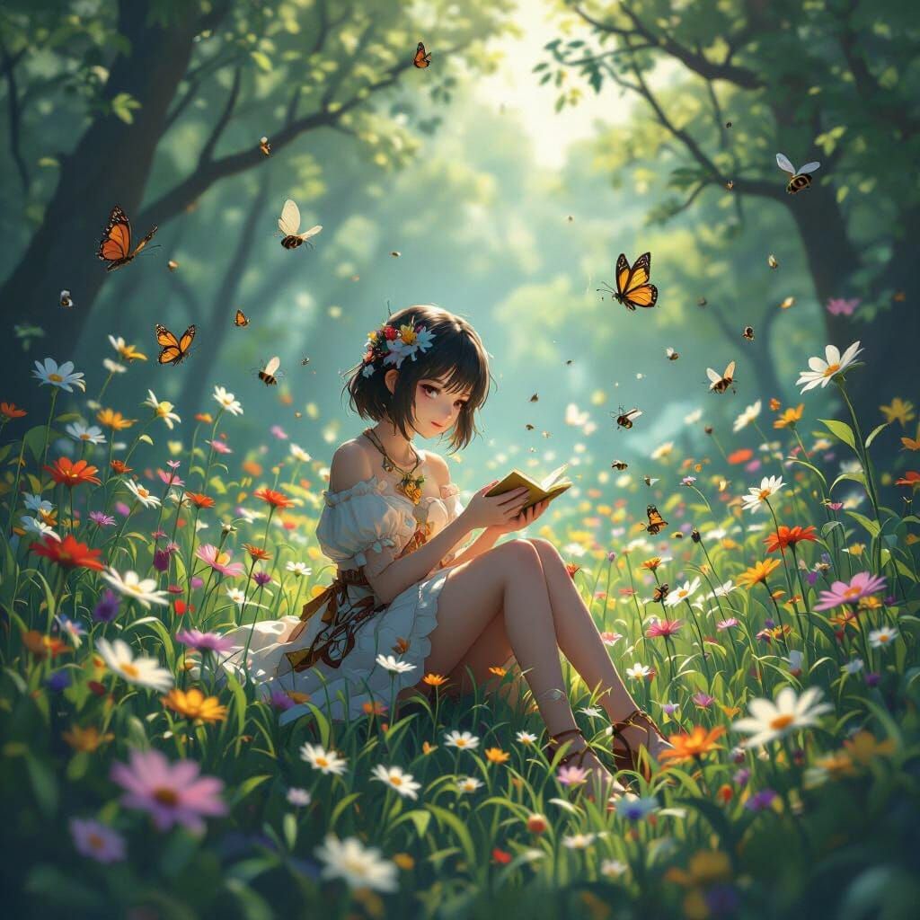 Vibrant Field of Flowers with Butterflies and Bees in Anime ...