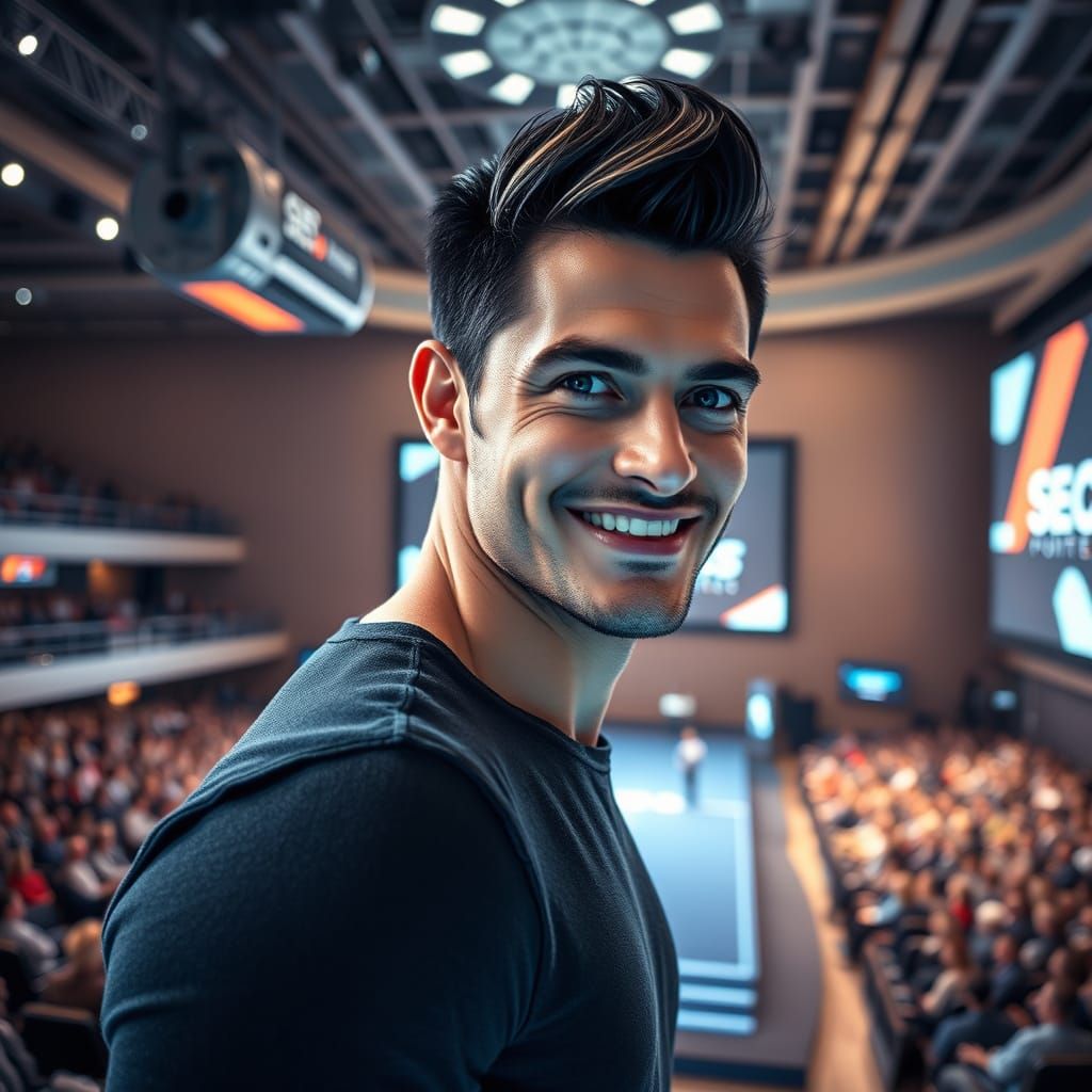 Confident Man Stands on Modern Stage with Cinematic Glow