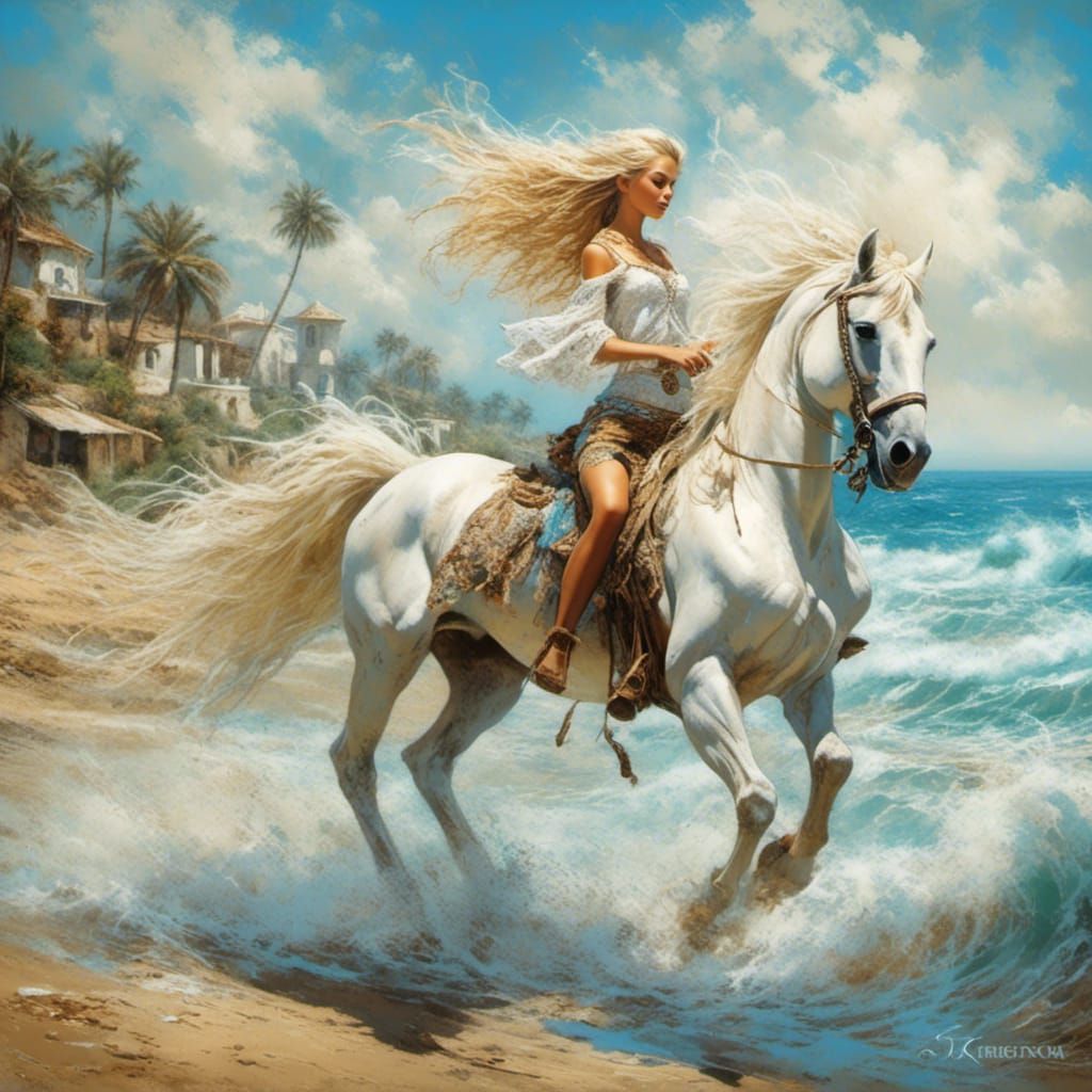 Girl on White Horse: Chalk Art Painting