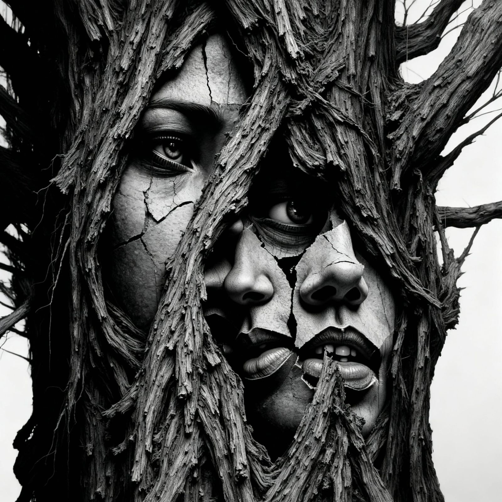 Mysterious Tree Faces in Stark Black and White