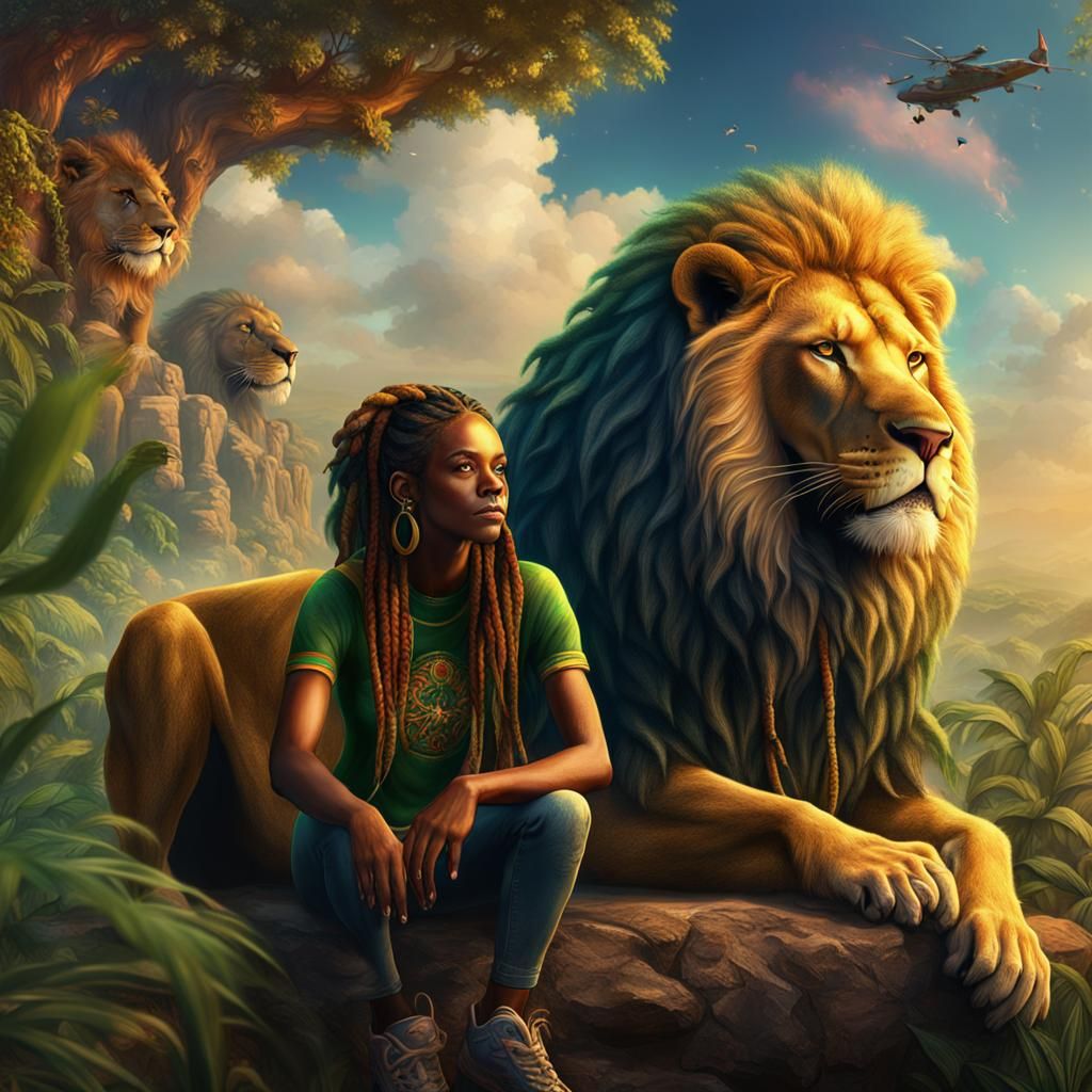 Reggae Girl and Lion: Detailed Fantasy Painting