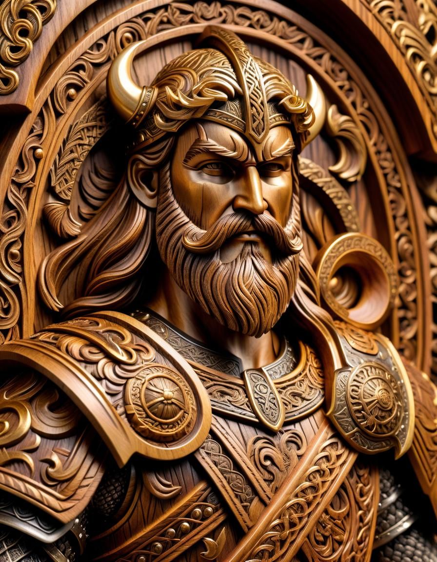 High relief woodcarving plaque of a fierce viking warrior