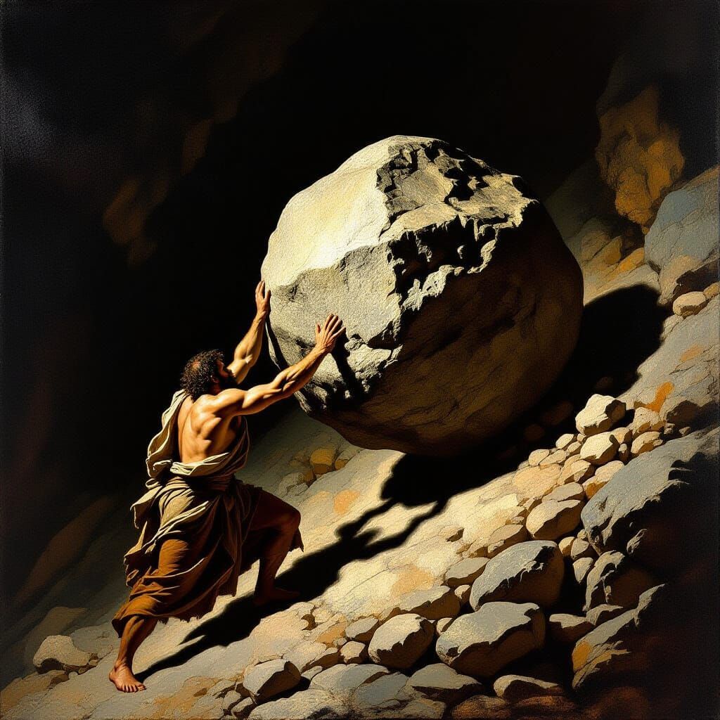 Sisyphus Pushing Boulder in Baroque Style
