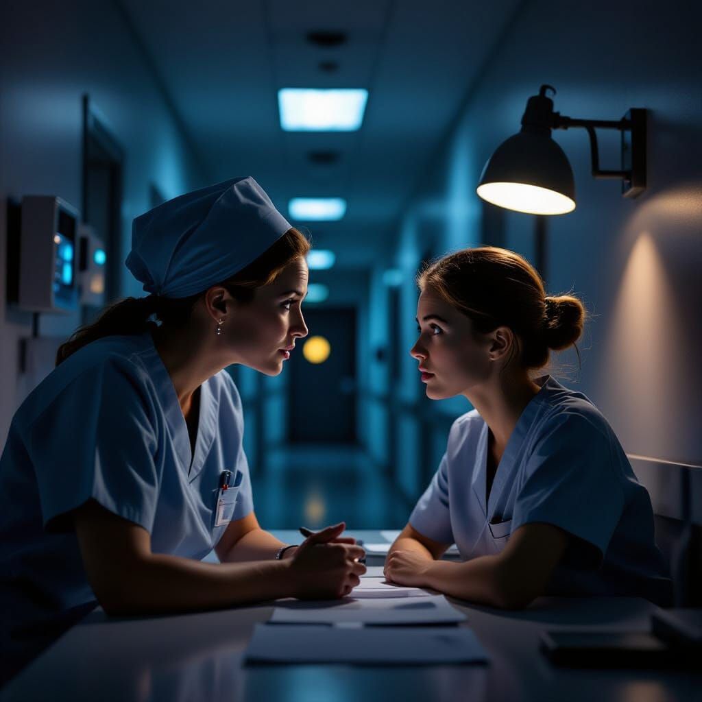 Senior Nurse Mentors Apprehensive Recruit in Chiaroscuro Lig...