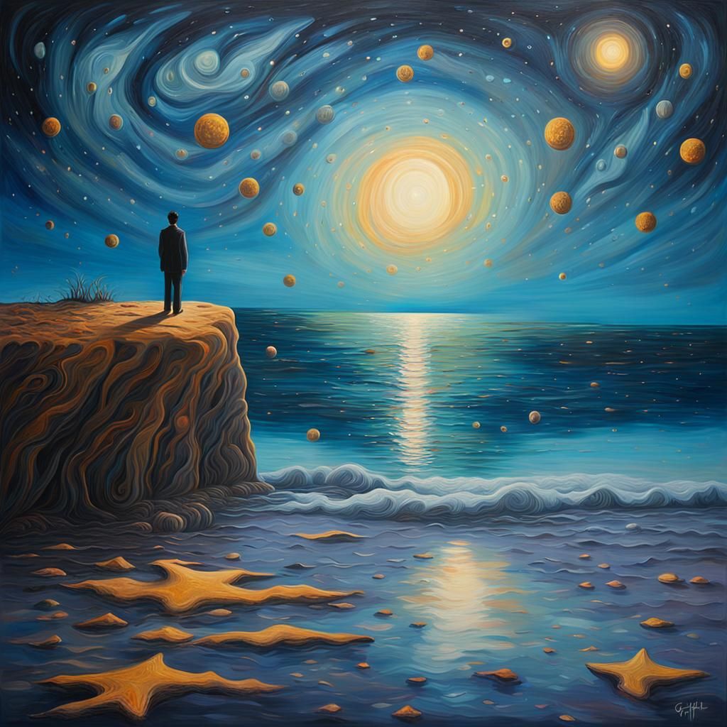 Surreal Dreamscape: Lone Figure and Melting Seascape