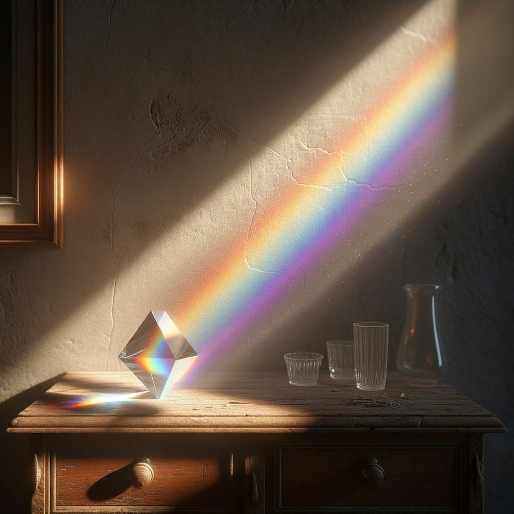Sunbeam Refracts Through Prism Creating Rainbow