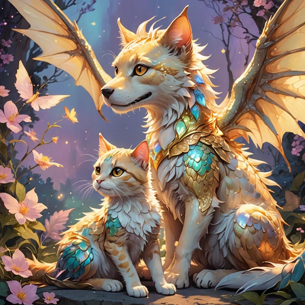 Fairy Cat and Dog Dragon in Anime Style