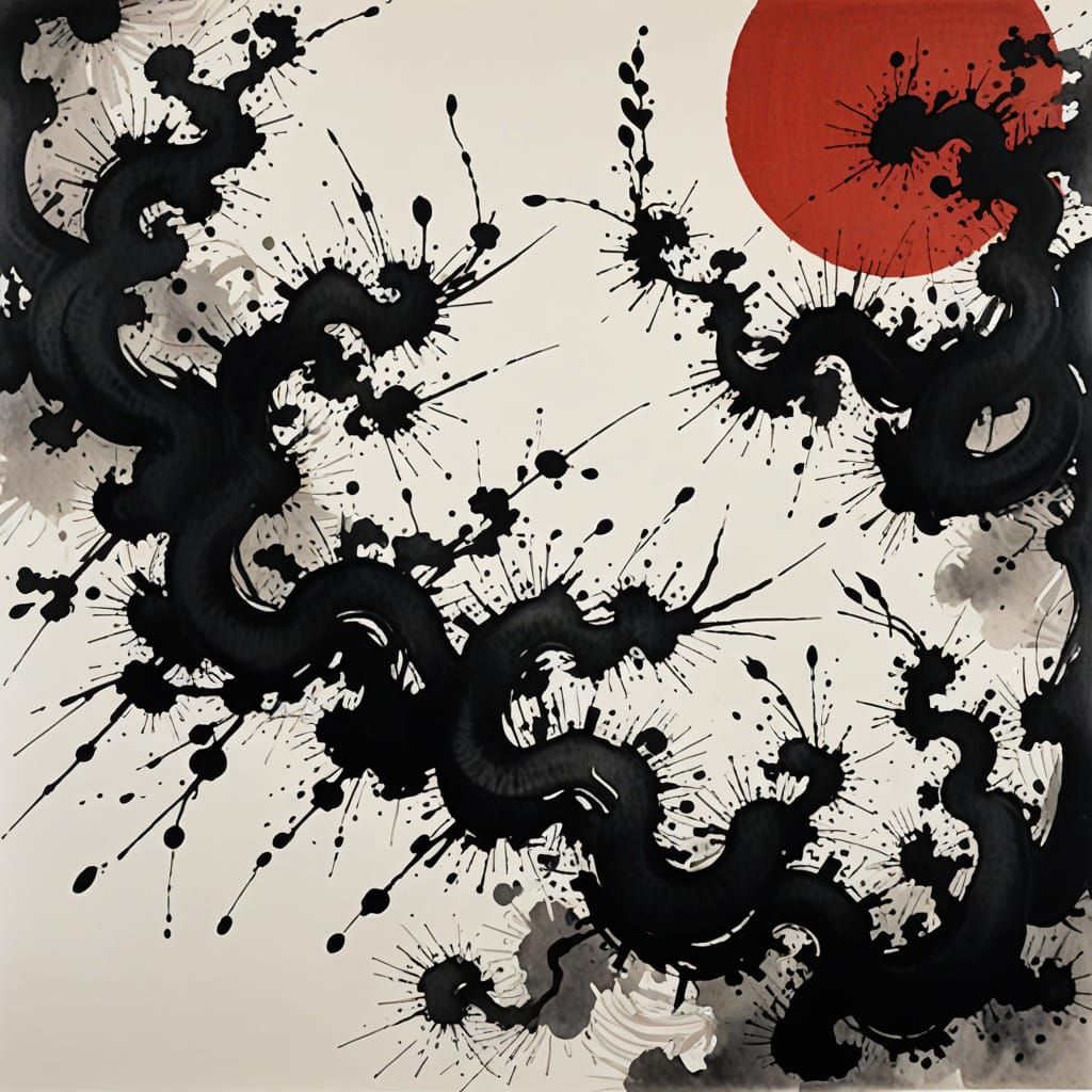 Monochrome Ink Painting of Aku with Crimson Accents