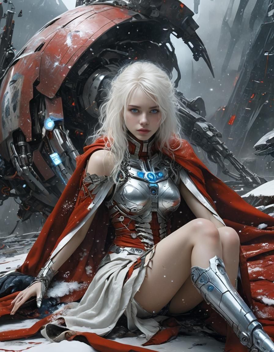 Ethereal Cyborg Goddess in Futuristic Winter Landscape