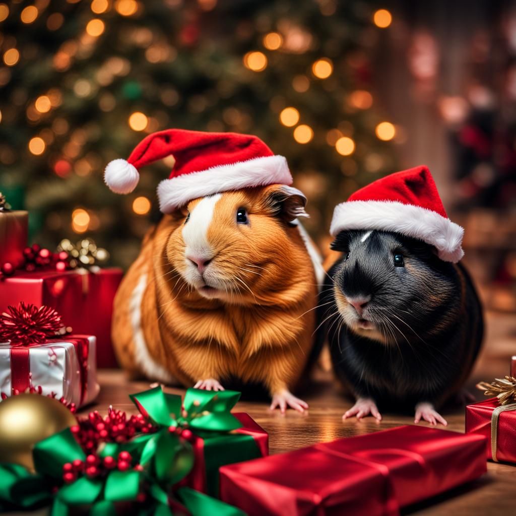 Guinea Pigs Christmas Party in Hyperrealistic Style