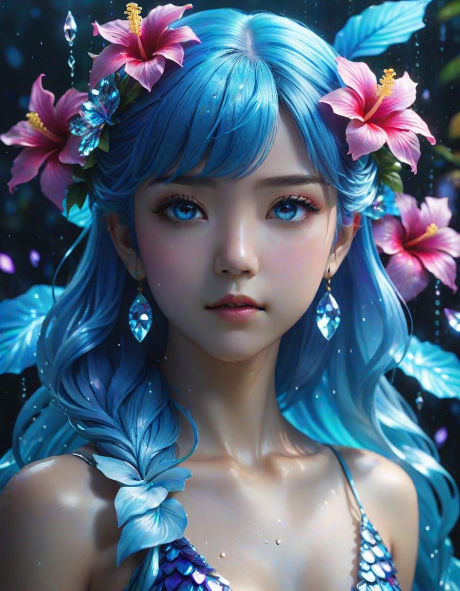 Anime Water Spirit Portrait with Crystal Hibiscus