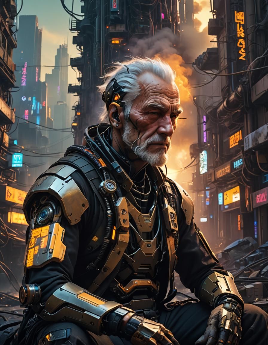 Cyberpunk Cyborg Portrait in War-Torn Cityscape