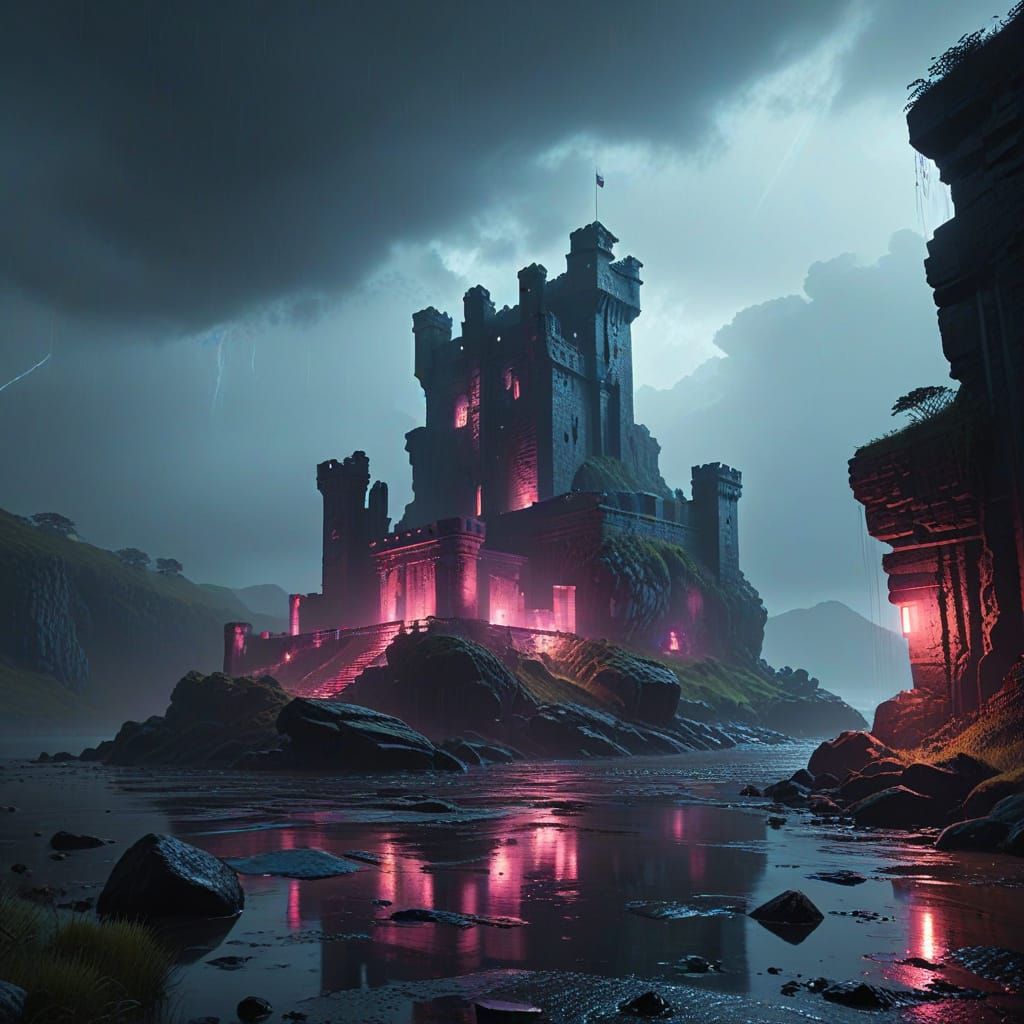 Underwater Castle Ruins Revealed in Cyberpunk Neon Glow