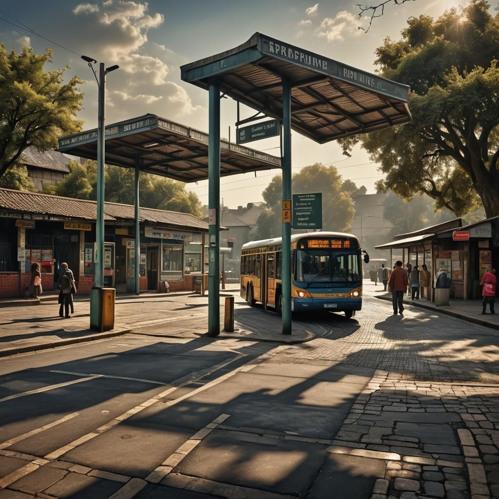 Desolate Rural Bus Station in Hyperrealistic Style
