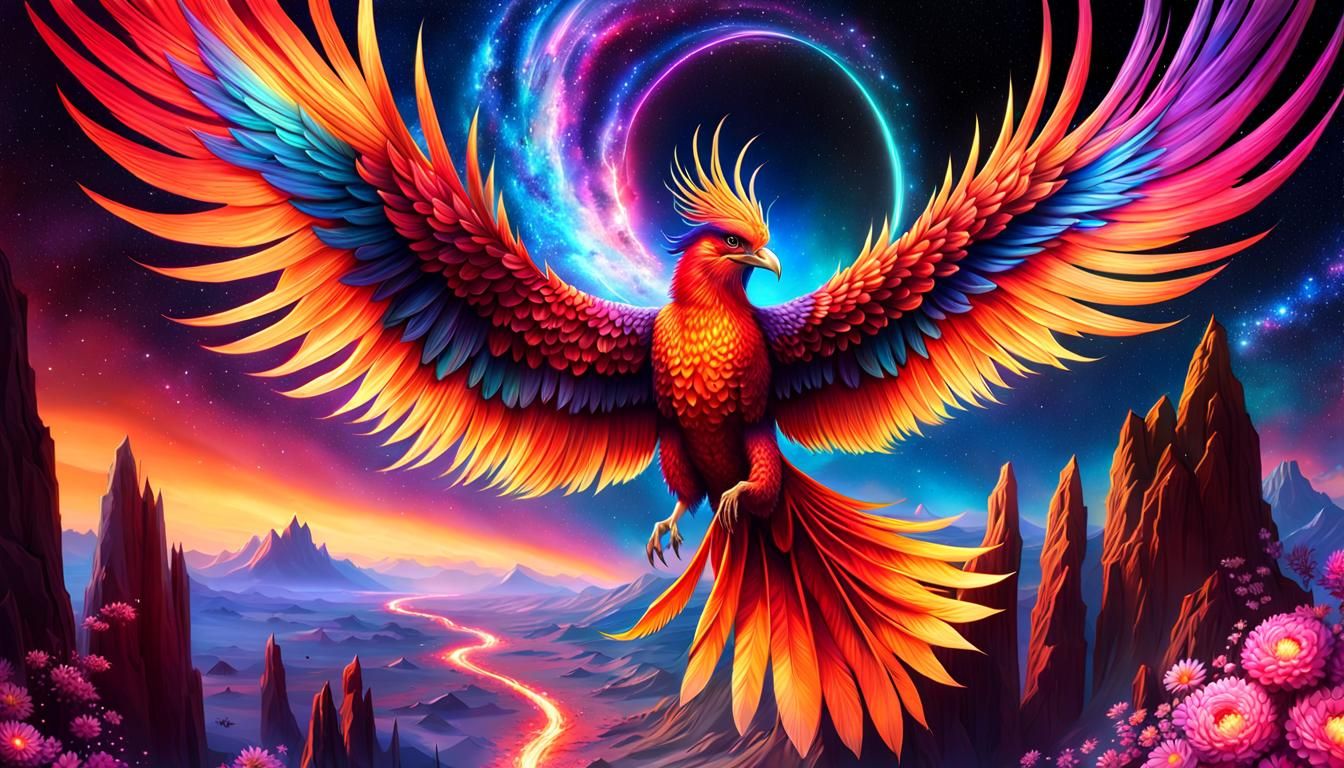 Fiery Rainbow Phoenix with Galaxy Arch