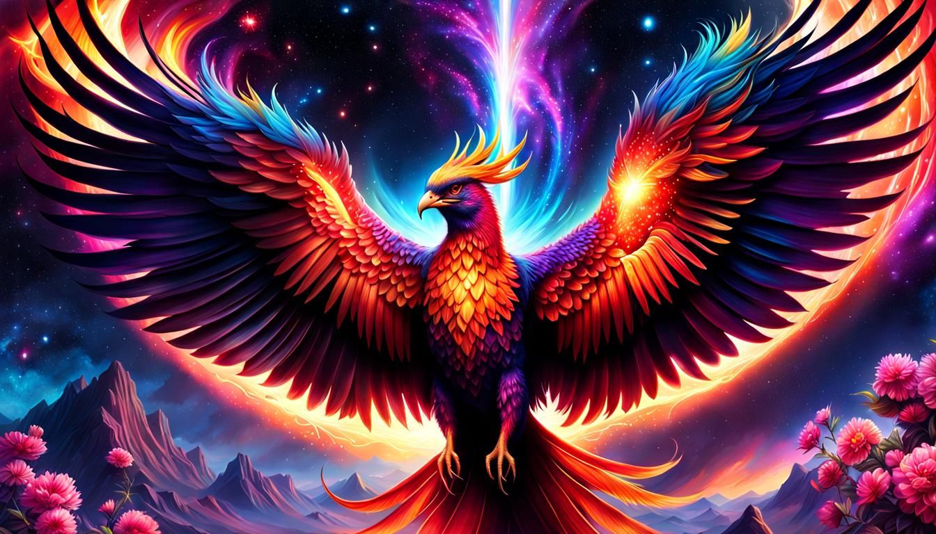 Rainbow Phoenix Soaring Through Galaxy Arch