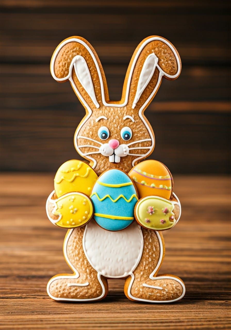 Gingerbread Easter Bunny carrying iced Easter eggs
