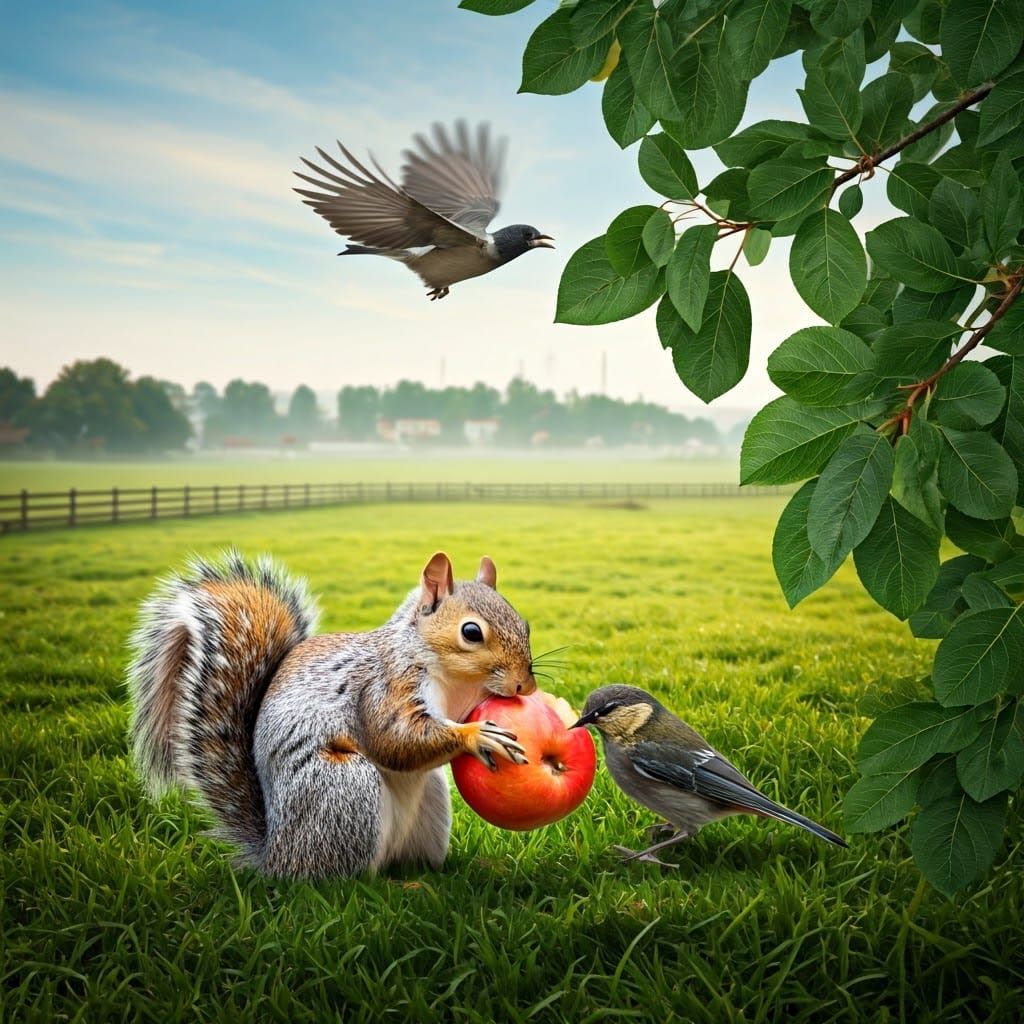 Squirrel and Bird Battle Over Apple in Field