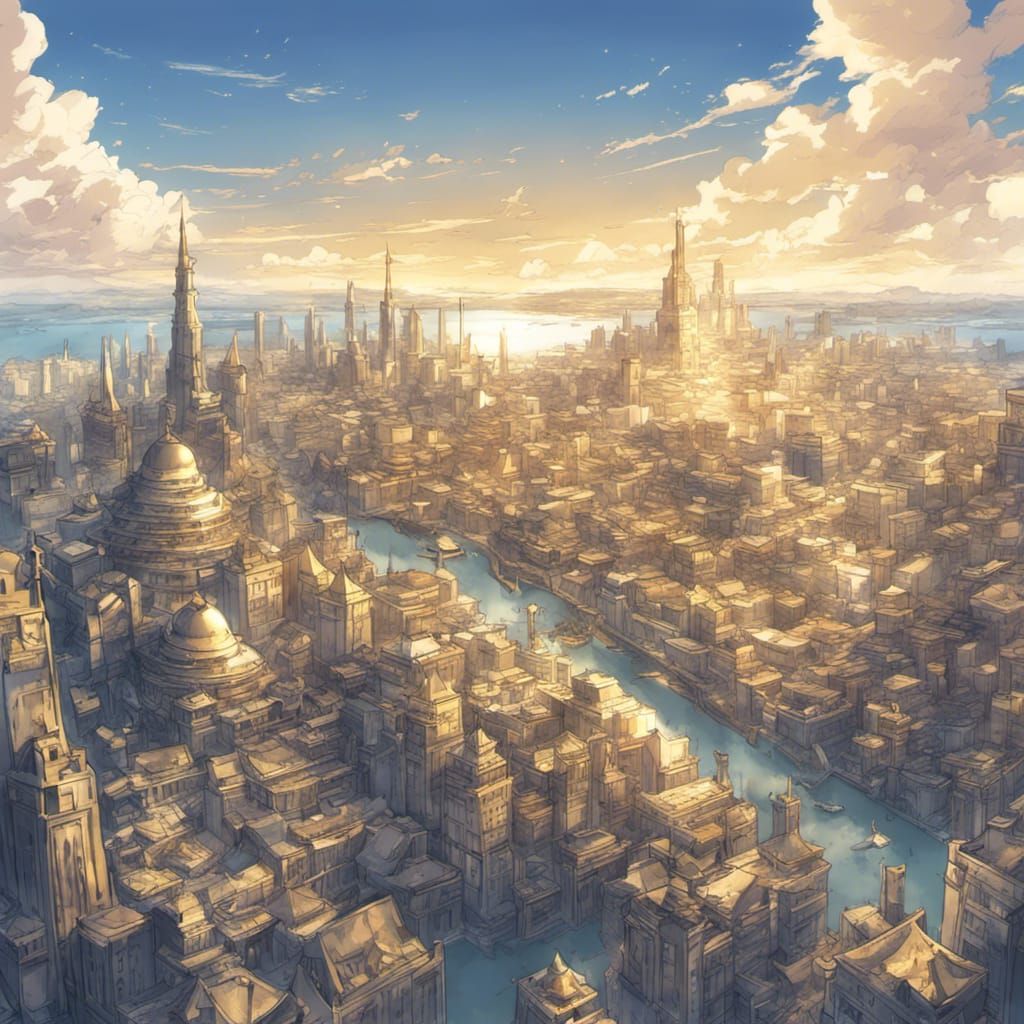 Golden City Skyline in Anime Style