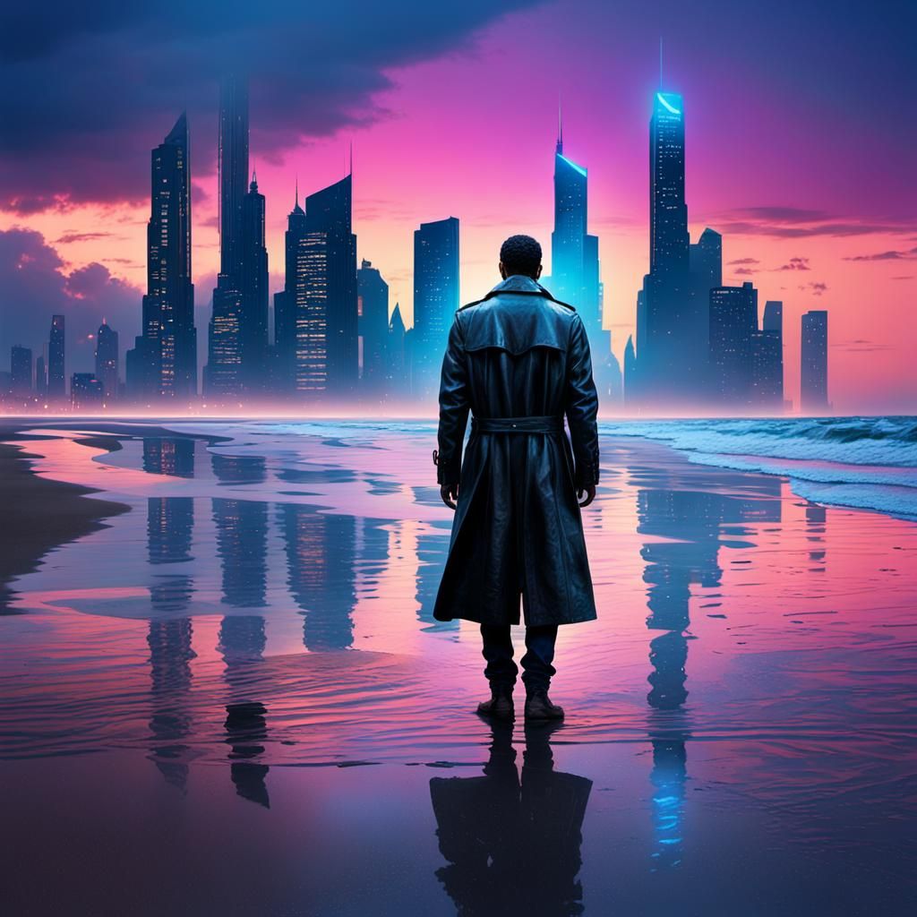 Cyberpunk Beach Scene at Sunset