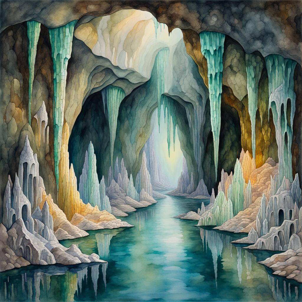 Mystical Cave with Glistening Stalactites, Watercolor Painti...