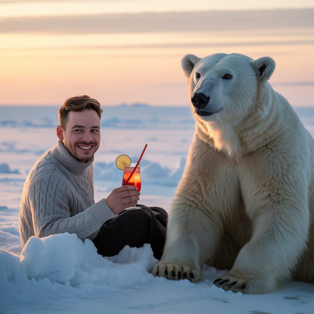 Man Relaxing with Polar Bear in Siberian Arctic Twilight