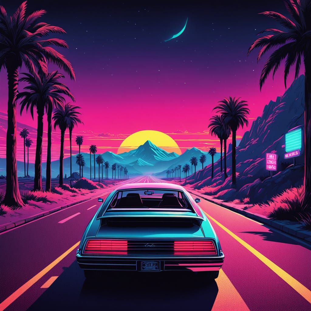Electric California Highway at Sunset in Neon Retro Style