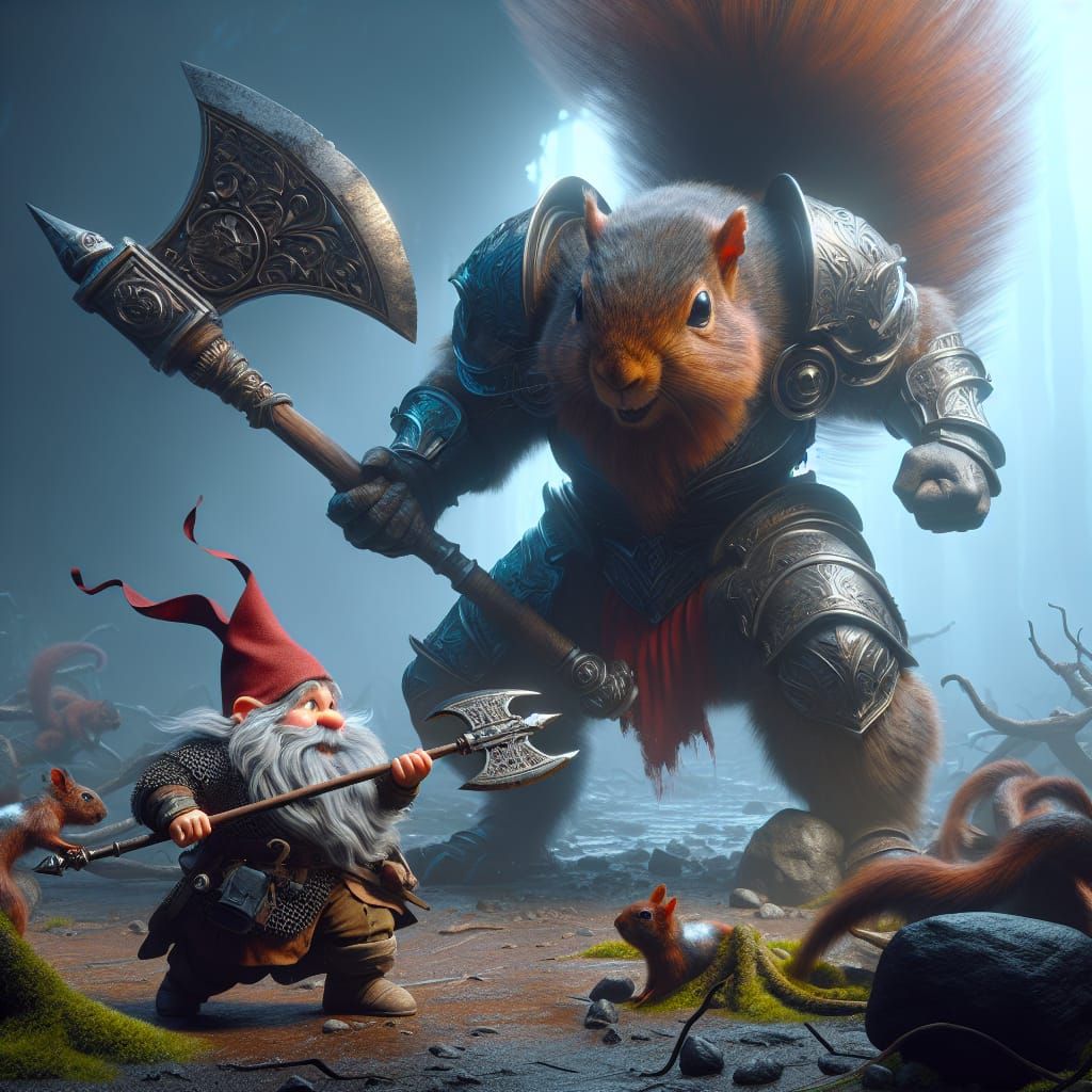 Gnome Warrior Battles Squirrel in Hyperrealistic Style