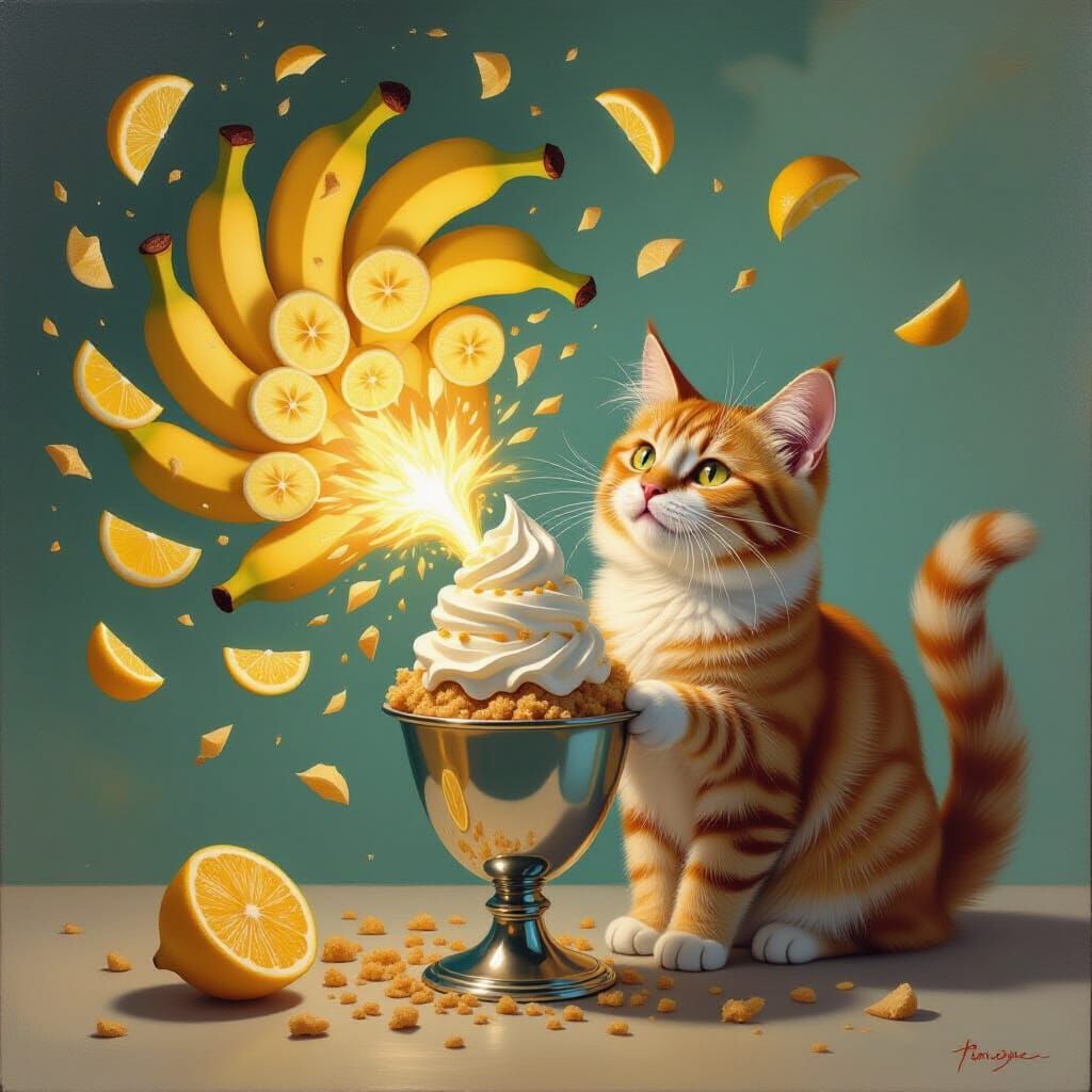 Surrealist Cat Explodes Banana and Lemon Over Streusel Ice C...