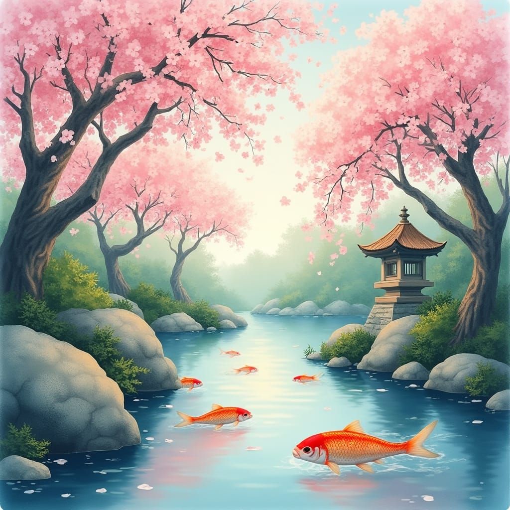 Surreal Cherry Blossom Garden in Delicate Watercolor Style