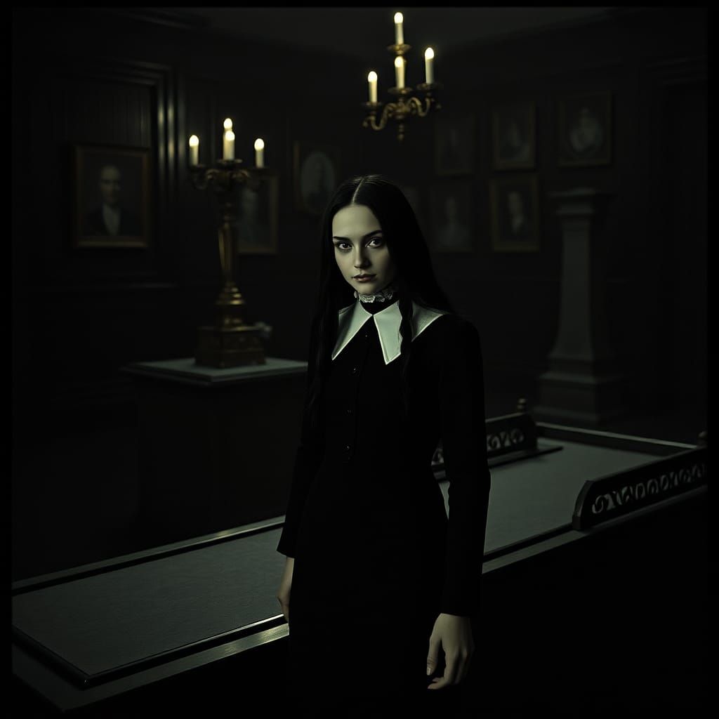 Wednesday Addams in a Gothic Mortuary, Cinematic Still