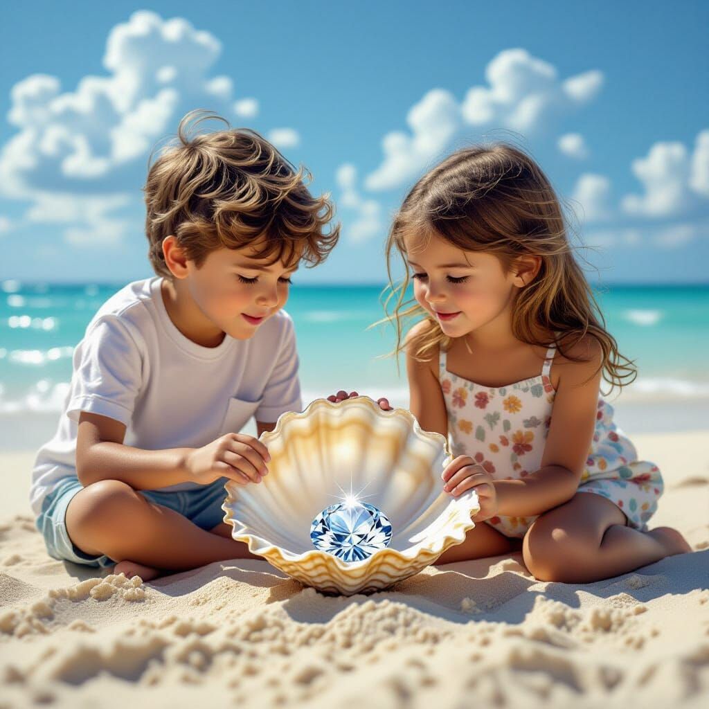 Children Find Diamond in Seashell on Beach