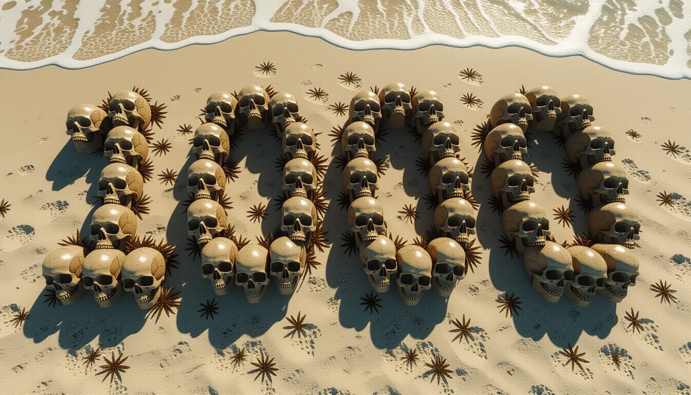 Skulls Form "1,000" on Beach in Hyperrealistic Style