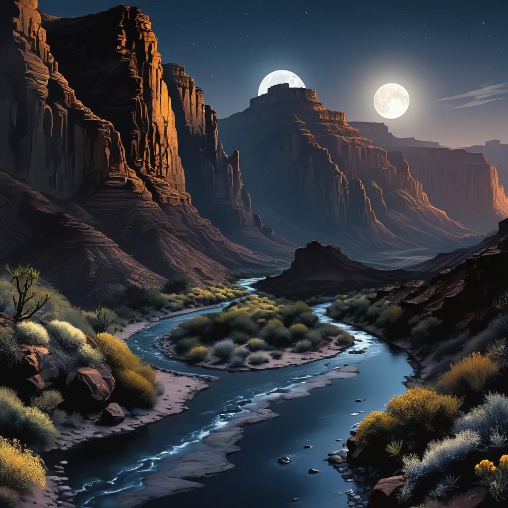 Moonlit Canyon River at Night
