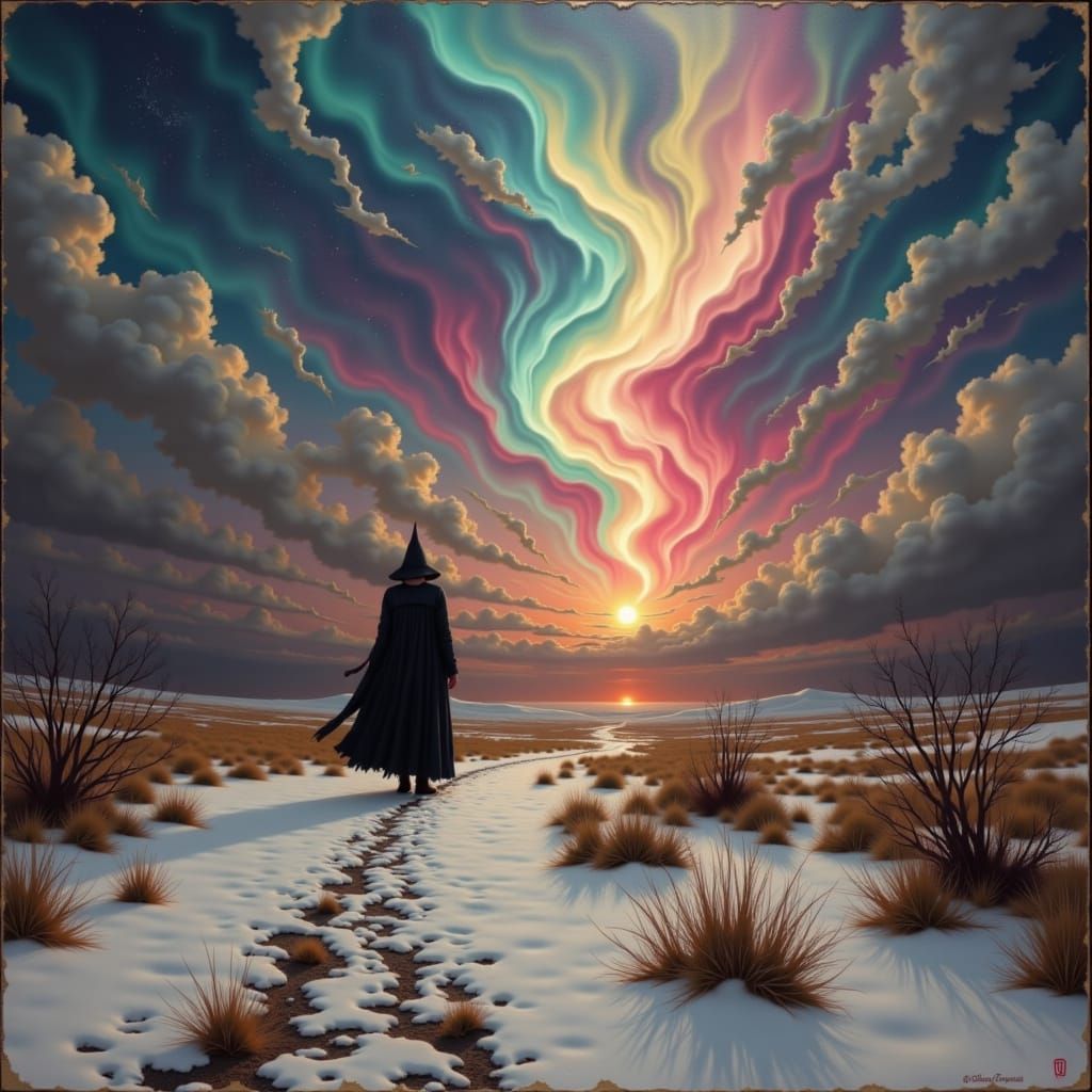 Gothic Witch on Moor Under Swirling Auroras