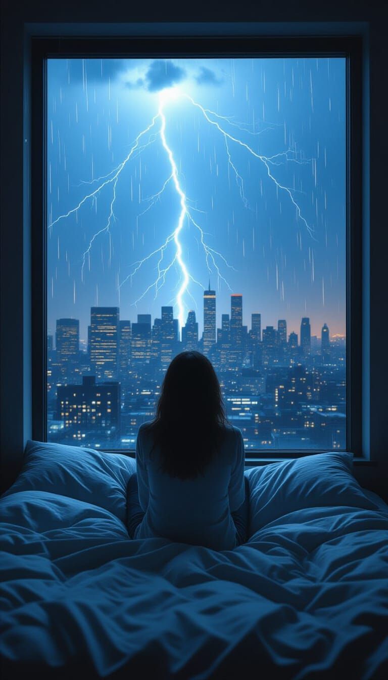 Woman Gazing at Lightning Storm in Cityscape