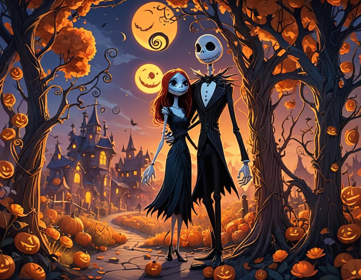 Jack and Sally Embrace in Halloween Town Sunset